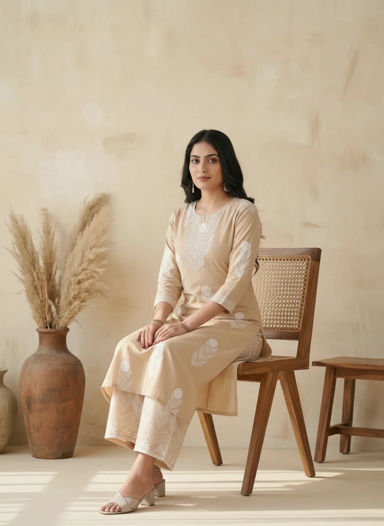 Beige Cotton Straight Kurta Pant Set