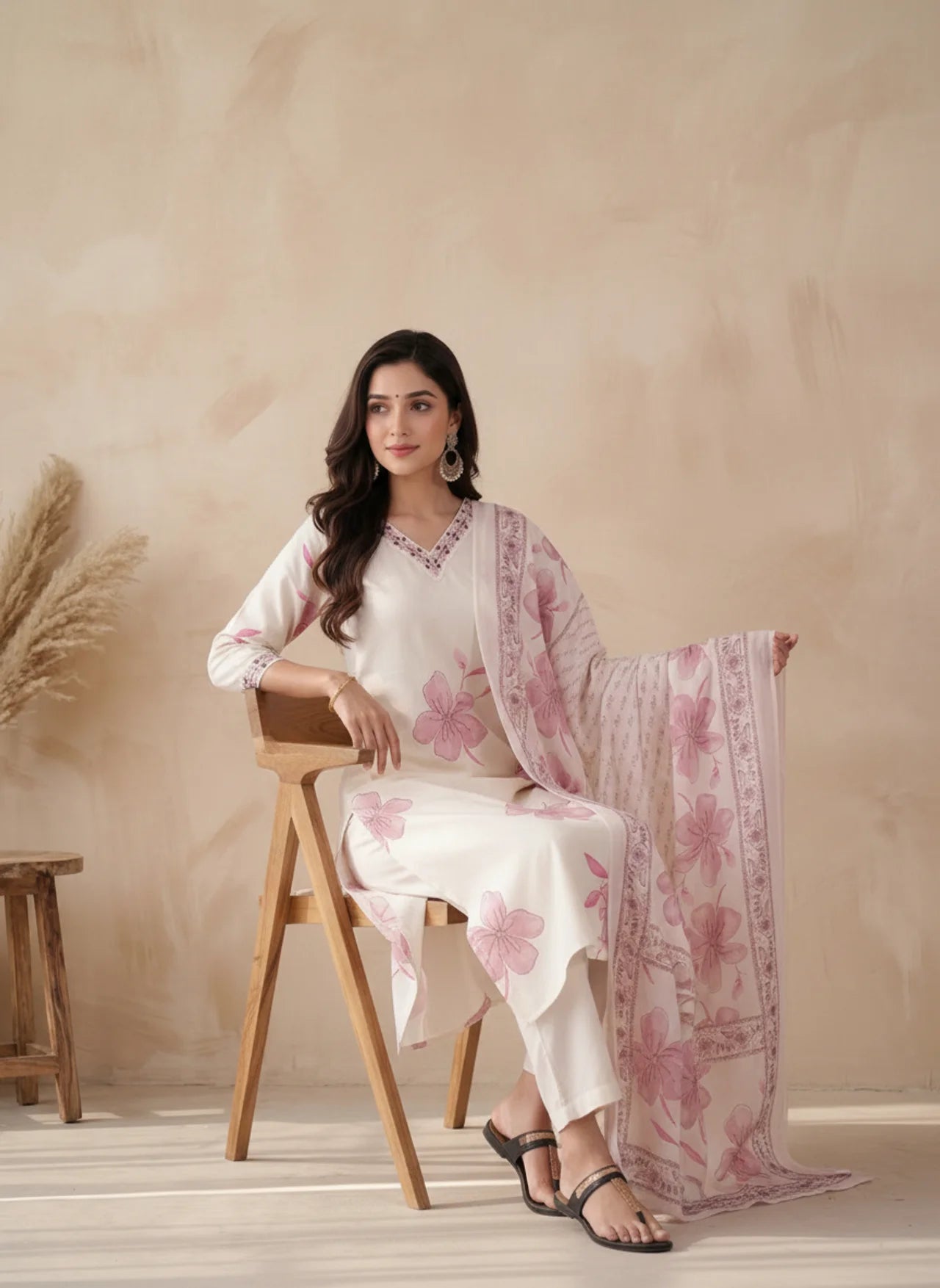 White Cotton Straight Kurta Set with Pink Floral Embroidery and Mirror Work