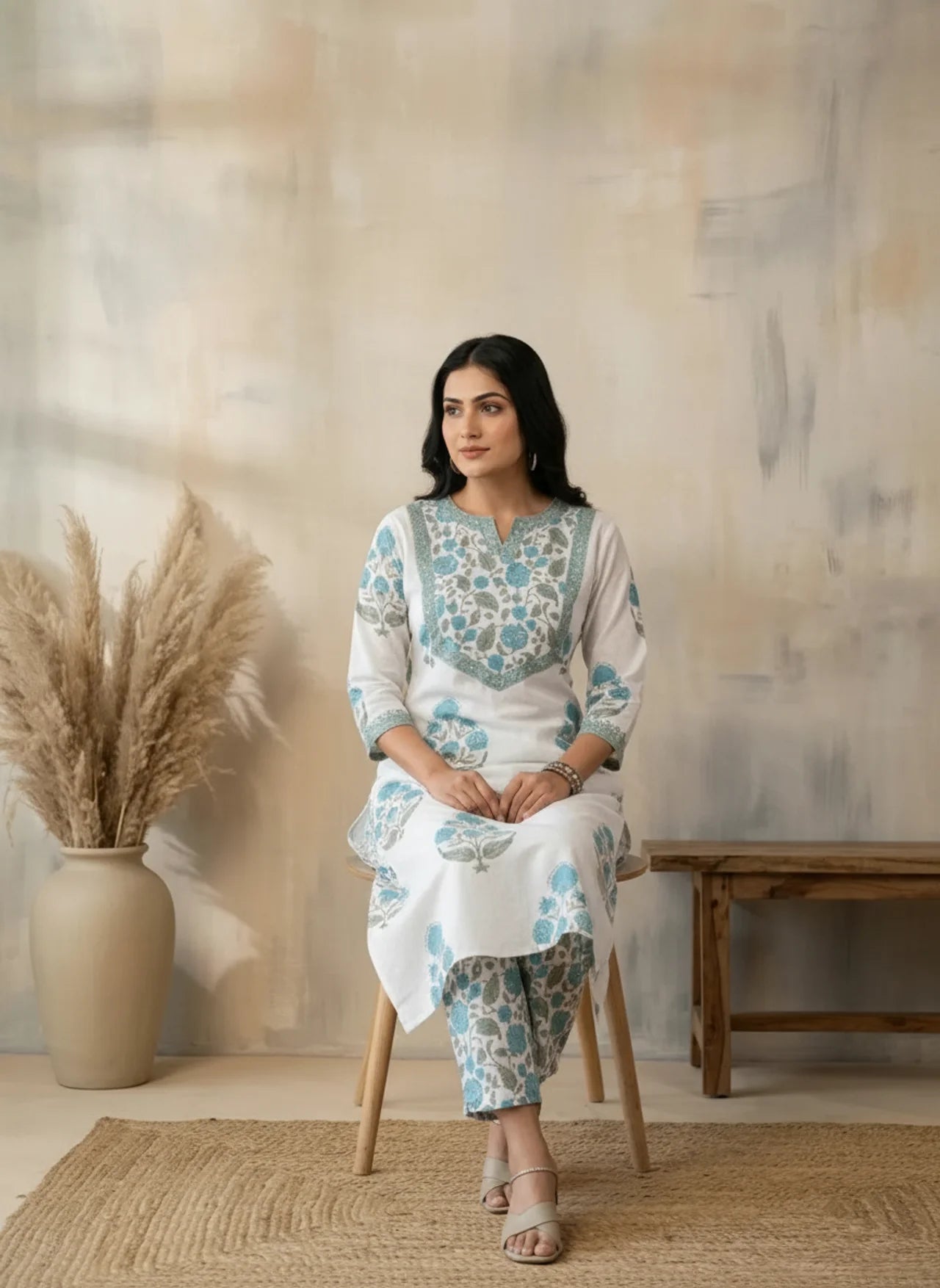 White Cotton A-Line Kurta Pant Set