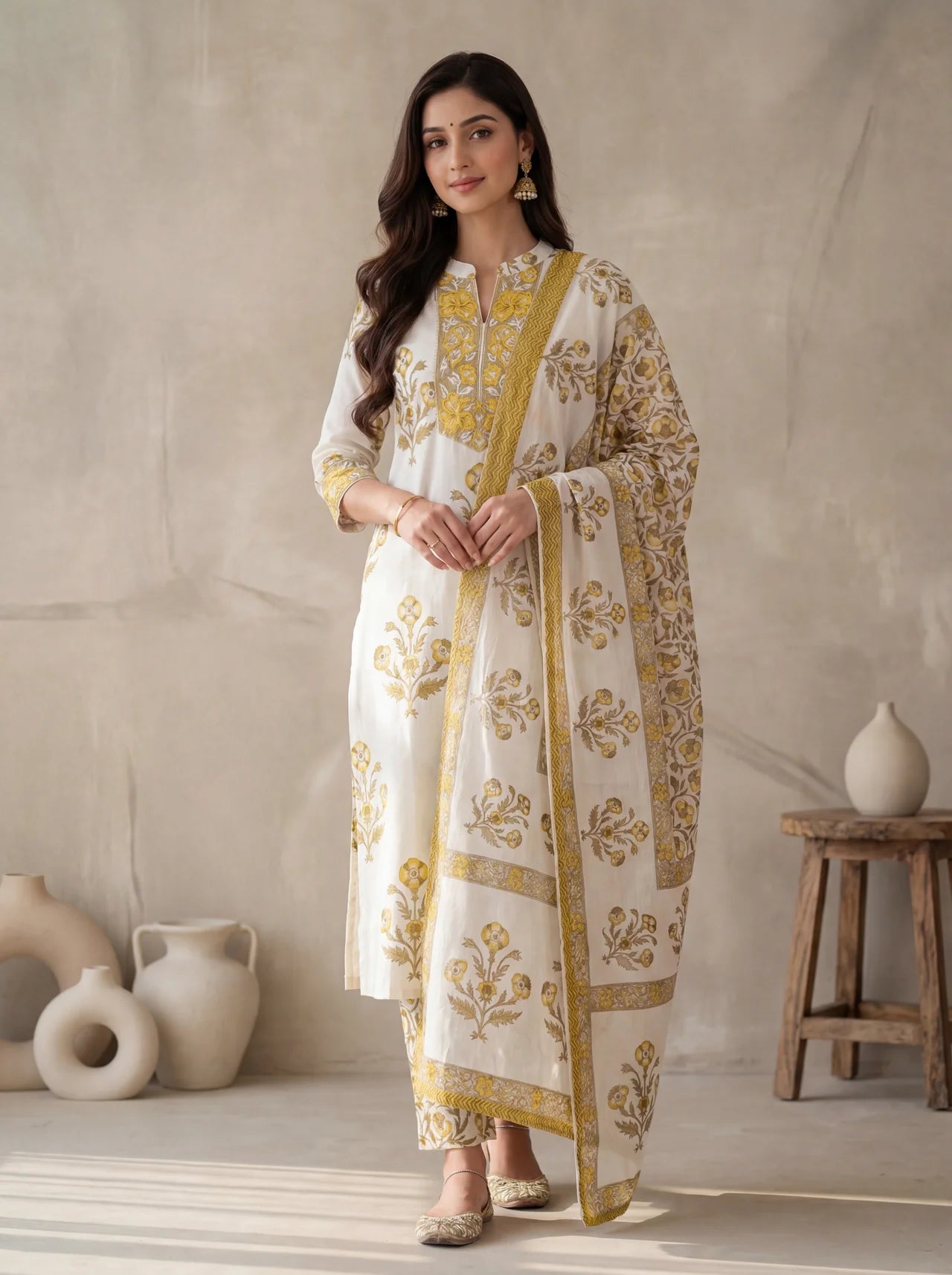 White and Yellow Cotton Straight Kurta Set with Floral Print