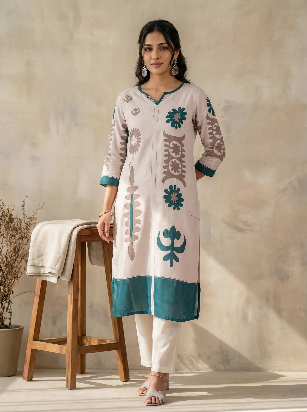 Off White Linen Straight Kurta Pant Set